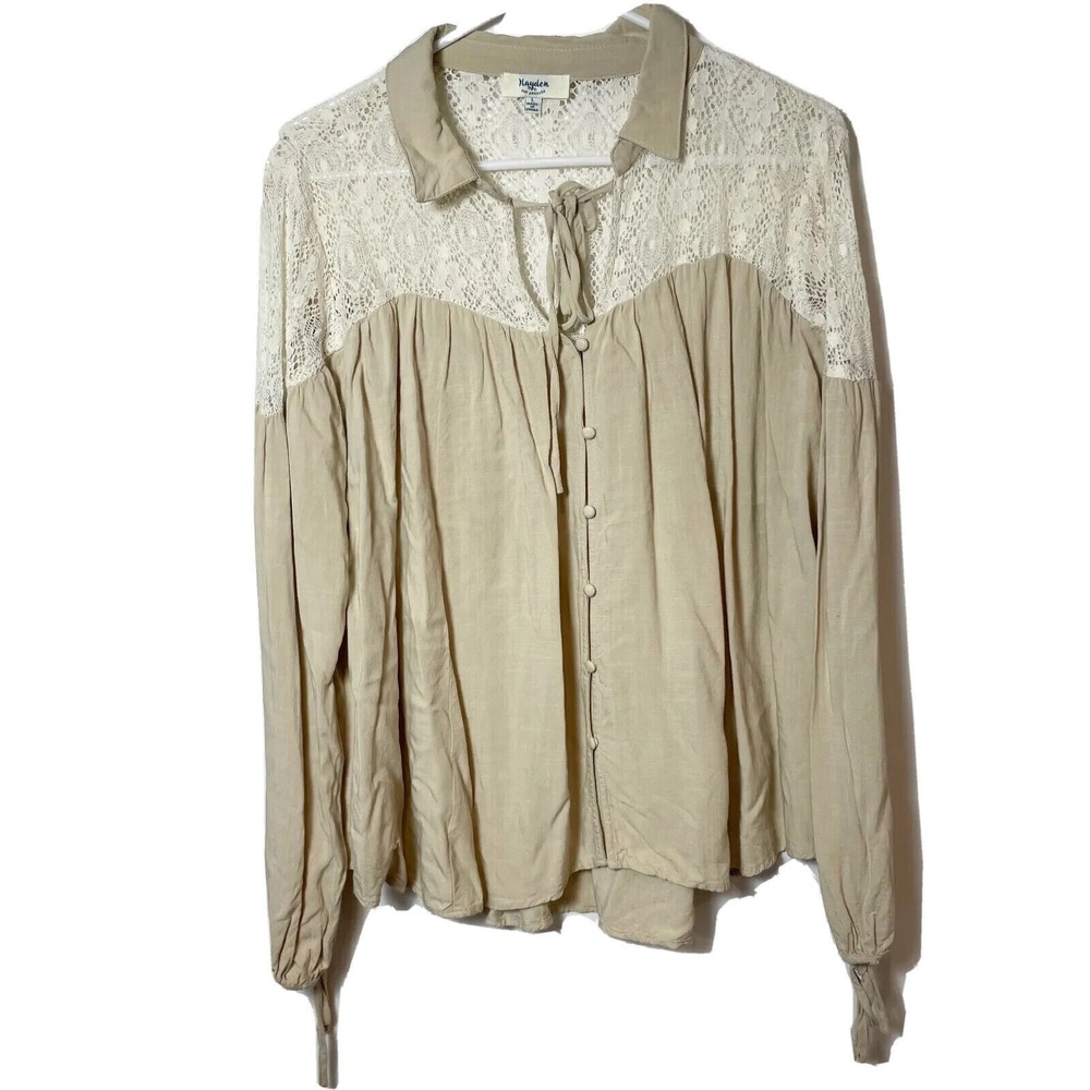 Hayden Button Up Tunic Blouse Womens Large Beige Long Sleeve Lace Tie Neck